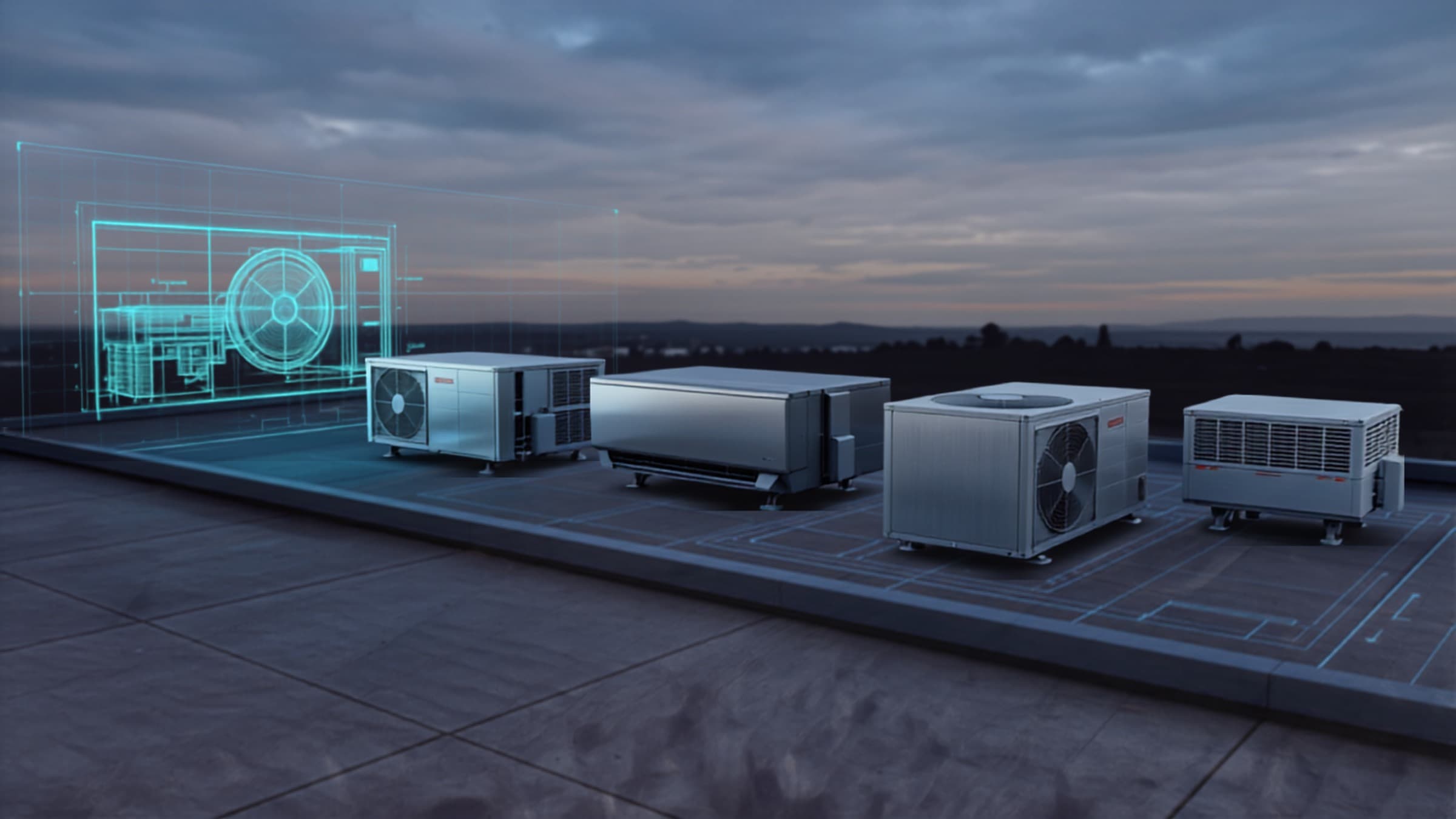 Unidade condensadora de HVAC representada em holograma técnico azul ao lado das unidades reais fotografadas